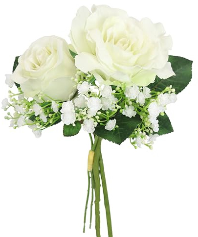 Kunstblumen 3er Set Rosen Schleierkraut künstliche Blumen Seidenrosen einzeln Bouquet Hochzeit Dekorationen Floristik Einzelblume Stielblume Blütenzweig Zweig Blumen Dekozweig Kunstzweig, weiß