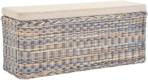 Krines Home Breiter Rattan Wäschekorb 115cm mit Deckel Wäschetruhe XXL Sitzbank schmal Flur Bank Sitzhocker Wäschesammler Sitz-Truhe Natur (Mehrfarbig, Rechteckig 115cm)