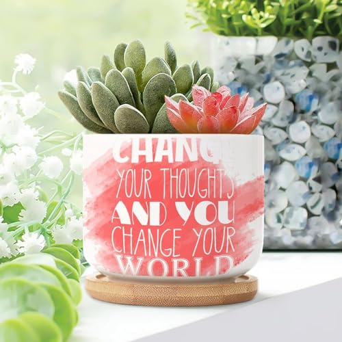 Yelolyio Cambie sus pensamientos y cambie su mundo Macetas de cerámica con letras y letras redondas con agujeros de drenaje y bandeja de bambú para jardín al aire libre y plantas domésticas