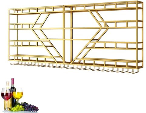 Botellero Vino Pared Vinoteca Mueble Bar Garrafeira Mini Bar Wine Rack con Luz LED Soporte Copas Colgante Mueble Comedor Cocina Estanterias Pared para Barra para Bar Cocina Comedor Sala de Estar(Gold-