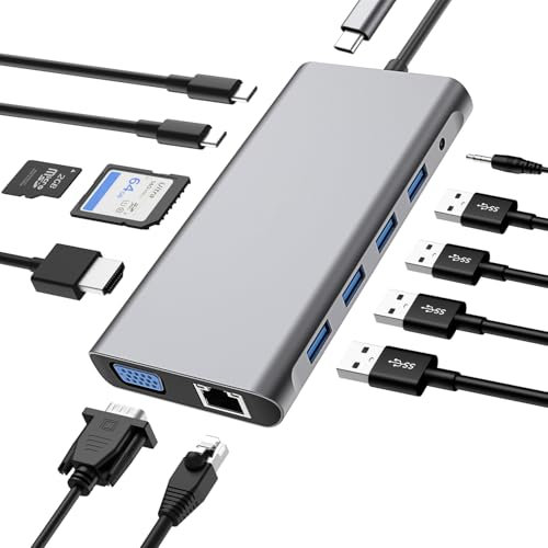 USB C HUB 12 in 1, Docking Station Adapter mit 4K-HDMI, VGA, RJ45 Ethernet, USB3.0, USB C 3.0&2.0, PD 100W, SD/TF & 3.5mm AUX, Kompatibel mit MacBook Pro & Andere Laptops