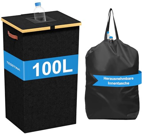 TESSTINA 100L Pfandflaschen Sammelbehälter mit Deckel, Pfandflaschen Aufbewahrung aus Oxford-Gewebe mit Tragegriff und Bambusrahmen, Flaschensammler mit Loch Küche Abstellraum Flaschentasche