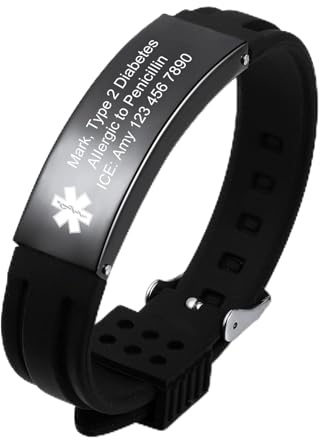 INBLUE Braccialetti di Allarme Medico Personalizzati per Uomini Braccialetti ID di Emergenza Braccialetti in Silicone Regolabili con Incisione Testo Braccialetti ID per Anziani