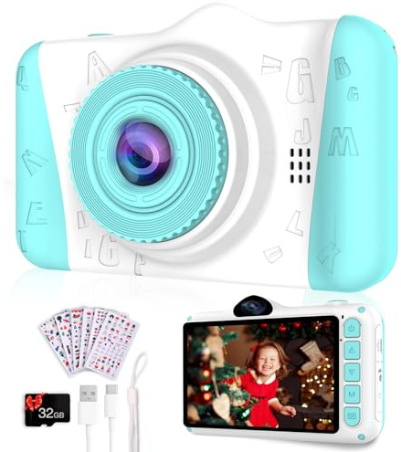 Kinderkamera,3,5-Zoll Großbildschirm,Digitalkamera Kinder Fotoapparat mit 32GB-Karte,1080P HD 12MP, Anti-Drop,USB wiederaufladbar Selfie Kamera für 3-12 Jahre Jungen Weihnachtsgeschenkev,Blau