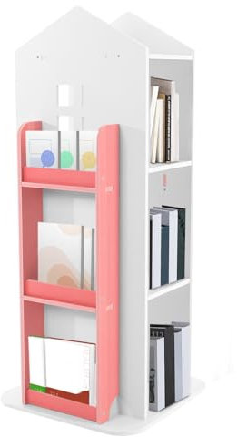 Zoobotanica Bücherregal mit 4 Etagen,360° drehbares Bücherregal,Kinder Standregal mit Seitenfächern,Boden Regal Kinderbuchregal für Schlafzimmer Wohnzimmer Arbeitszimmer, 41x41x95cm (Rosa)