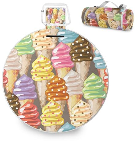 Mnsruu Große Picknickdecke, buntes Eiscreme-Muster, wasserdicht, rund, Picknickmatte, tragbarer Teppich, Outdoor, für Strand, Camping, Park, Reisen, 148 cm