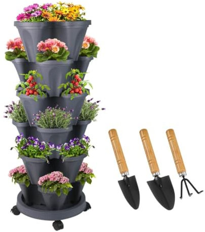 Sthrucrack Fioriera impilabile, giardino verticale a torre, set di fioriere verticali utilizzate per fragole, erbe aromatiche e fiori (Grigio scuro, 6 livelli)