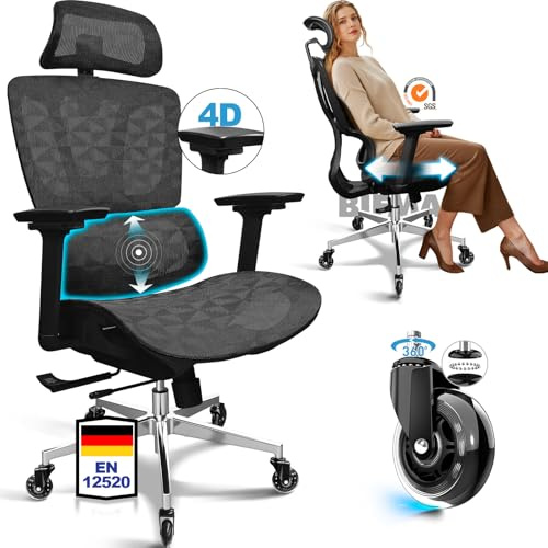MELOKEA Bürostuhl Ergonomisch, 4D-Armlehnen, Verstellbare Sitztiefe, Gummirollen, 4-stufige Neigung, Bürostuhl 150 KG, Atmungsaktive und Bequeme Netzsitze, EN 12520 Ergonomischer Schreibtischstuhl