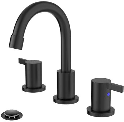 Phiestina 8 Inch 3-Hole Matte Black Widespread Bathroom Sink Faucet with Valve and Metal Pop-Up Drain Assembly, 2-Handle Low-Arch Bathroom Faucets Three Hole, WF15-1-MB