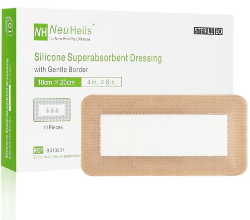 NeuHeils Silicone Super Absorbent Wound Dressing, 4x8 Inch (10 Pack), 2x6 Inch Absorbent Pads | Post-Surgery, Bed Sores, Pressure Ulcers | Self-Adhesive Bandage for Surgical Wounds & Cuts