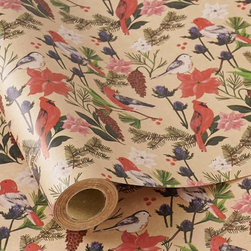 RUSPEPA Weihnachtsgeschenkpapierrolle für Damen, Aquarell-Vogel- und Botanik-Design mit Blumen und Tannenzapfen, Kraft-Geschenkpapier für Weihnachten, Feiertage und Winterpartys, 43,2cm x 5m