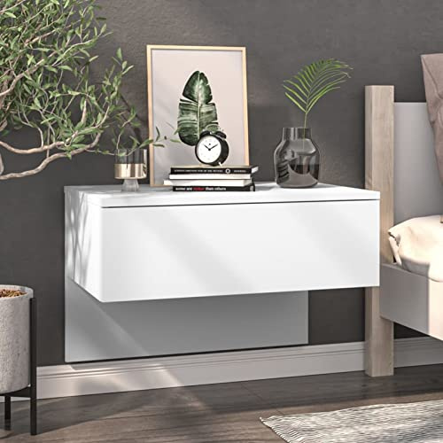 Modern Wall Mounted Nightstand White Plywood Floating Drawer Shelf Stylish Bedroom Side Table Space Saving Bedside Organizer Contemporary Comodino for Bedroom Decor