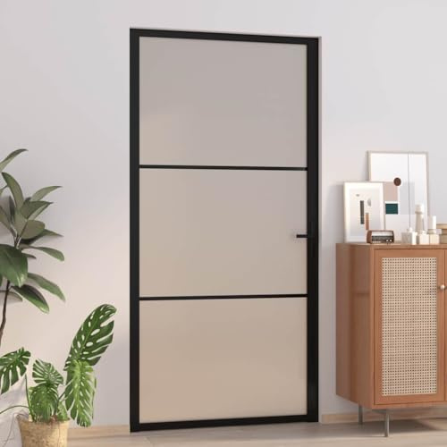 Massbinet Innentür 102,5x201,5 cm Schwarz Mattglas und Aluminium Zimmertür Komplettset mit Zarge und Türdrücker