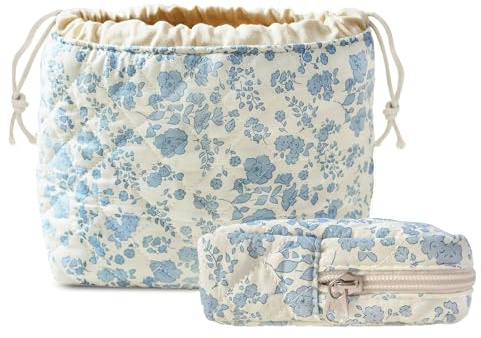HAPPYHEIDI Floral Quilted Cotton Drawstring Makeup Bag Set 2 Compartment Cosmetic Toiletry Travel Pouch Accessory purse Organizer, Blue Orchids