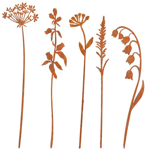 5 Stück Gartenstecker Rost Metall Blumenstecker Gartenstecker Blumen Rost Gartendeko Topfstecker Dekostecker für Garten Hof Terrasse Balkon Blumentopfdekoration (Stil 2)