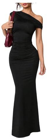 GORGLITTER Women's One Off Shoulder Fishtail Maxi Dresses Short Sleeve Ruched Bodycon Evening Dress Black Medium