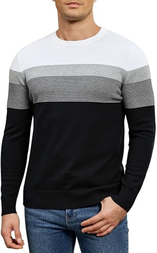 Genfien Jersey de Cuello Redondo de Manga Largas Hombres Suéter de Punto Raya Básico Ligero Pullover 100% Algodón Otoño Invierno