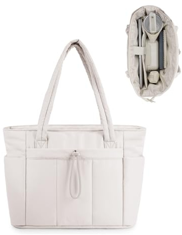 Wandering Nature Tote Bag for Women with Zip Large Capacity Shoulder Handbag with 15.6 Inch Laptop Compartment and 40oz Water Bottle Pocket for Work School Travel, Off-white (Patent Pending)