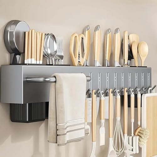 Multifunctional Durable Kitchen Utensil Organiser Wall Mount, Multi-Slot Storage Rack with Towel Rod, Detachable Hooks, Grey PP Material, No Drilling (40cm - 1 box, 6 Hooks)