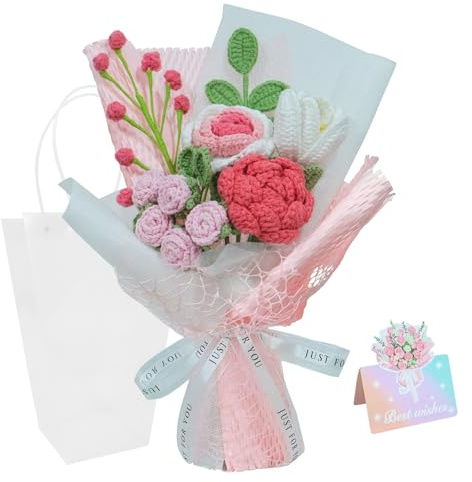 STEEIRO Häkeln Blumenstrauß, Handgemachter Blumenstrauß Künstlich Rose mit Geschenktasche & Grußkarte, Gehäkelte Blumen für Muttertag,Abschluss,Jubiläen, Valentinstag (Rosa)