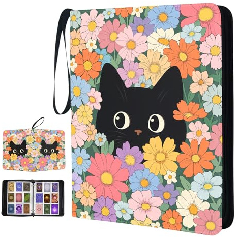 Black Cat Trading Card Storage Album for Son Daughter, Flower Collectible Trading Card Binder with 50 Durable 9-Pocket Pages, Gift for Card Collector on Birthday Christmas