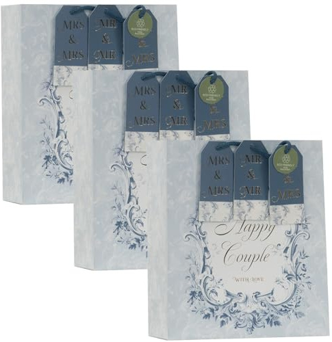 Design By Violet Happy Couple Medium Gift Bag – Set of 3 Decorative Paper Wedding Gift Bags with Ribbon Handles and Assorted Gift Tags for Mr and Mr, Mrs and Mrs, Mr and Mrs