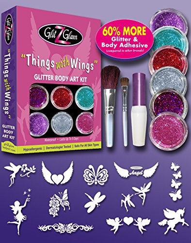 Glitzer-Tattoo-Kit - Flügelwesen mit 6 großen Glitzerdosen & 12 Schablonen für Temporär-Tattoos