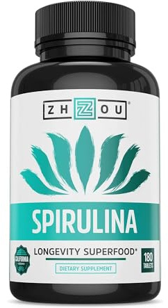 Zhou Spirulina Tablets - Spirulina Pills, Greens Superfood Supplement with Chlorophyll & Blue Spirulina Powder Cognitive & Immune Support, Pure Premium Formula - 180 Tablets