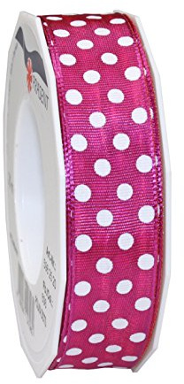 PRÄSENT Polka DOTS Band mit Drahtkante Magenta/weiß, 20 m gepunktetes Dekoband, 25 mm Breite, leicht biegsames Schleifenband zum Dekorieren & Basteln, für besondere Anlässe