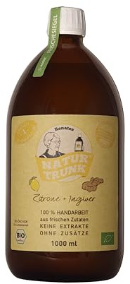 OHNE Konservierungsstoffe! Renates NaturTrunk Zitrone + Ingwer 1000 ml Glasflasche, Eine Flasche ca. 50 Zitrone + Ingwer-Shots. DE-ÖKO-006