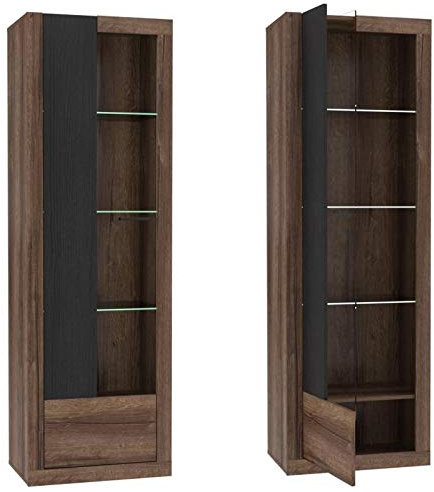 Furniture24 Vitrine Trass TRAV711L, Schrank, Wohnzimmerschrank, Vitrinenschrank, 1 Türiger, Schlammeiche (mit Beleuchtung)