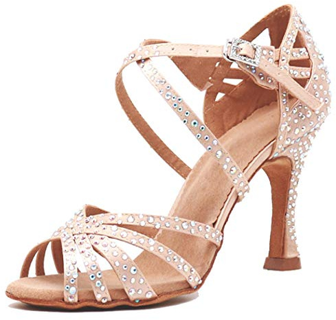 MGM-Joymod Sandali da Ballo da Donna Aperti in Punta con Cinturini Incrociati e Strass Ideali per Feste Matrimoni Balli Latini Moderni e Tango, Skin Tacco da 9cm, 38.5 EU