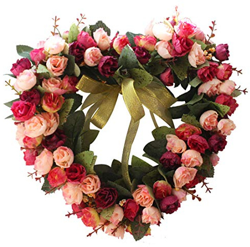 Calcifer 13.78 Inch Heart-shaped Artificial Garland Silk Flower Wreath Hanging Flowers Roses For Front Door, Wall, Home, Garden,Wedding,Party Decoration (Wine Red Pink)