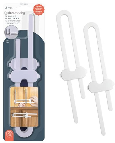 Dreambaby Slimline Slide Lock for Baby Proofing - Child Safety Cupboard Handle Locks - Suitable for Thinner Handles & Knobs - White - 2 Pack