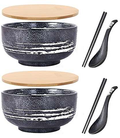Japanischer Schüssel mit Deckel, Keramik Ramen-Schüssel, 2Er-Set Vintage Ramen Schale aus Keramik Handgezeichnete Reis Schüssel Instant Nudel Schüssel,A4