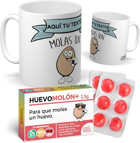 Pack regalo personalizado con Texto | Taza (Nombre) molas un Huevo + Caramelos divertidos| Regalo Original para Amigos y Familiares