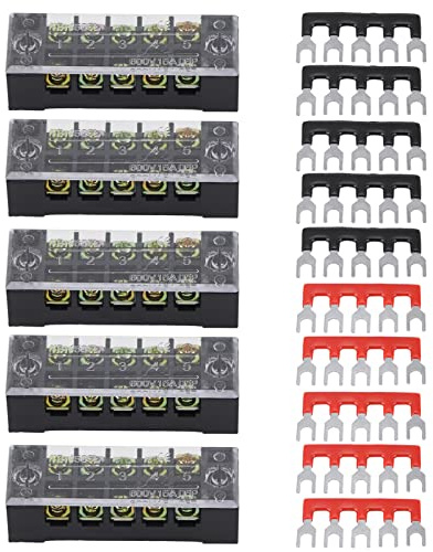 klemmleiste Klemmenleiste, 5 Stück zweireihig 5 Positionen 600V 15A Schraubklemmenblock + 10 vorisolierte Klemmenschutzleiste für Haushaltsgerat Elektronischen Schaltkreisen Maschinen (5 Position) Ers