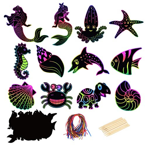 MONCAP 48pz Sirena Scratch Art Scratch Art for Kids Sirenetta Scratch Paper Craft Drawing Carta Arcobaleno da Grattare Sirena Graffi per Festa Compleanno Premi Bambini Classi Pittura