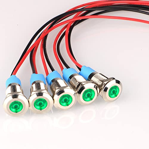 Gebildet 5pcs 8mm AC/DC 12-24V LED Metal Indicator Light Waterproof Signal Lamp Pilot Dash Directional Car Truck Boat with Wire(Green)