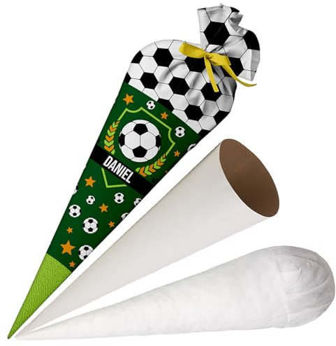 Ferocity Schultüte Fussball mit Namen für Jungen, Personalisierte Tüte, 70 cm Zuckertüte aus Stoff mit runde Papprohling und Füllung aus Silikonkügelchen, große Tüte als Kissen [149]