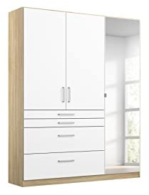 Rauch Möbel Harburg Schrank Kleiderschrank Drehtürenschrank Weiß-Eiche Sonoma, Holz, 3-türig Spiegel und 4 Schubladen inklusive Zubehörpaket Basic 3 Einlegeböden, 1 Kleiderstange BxHxT 136x197x54 cm