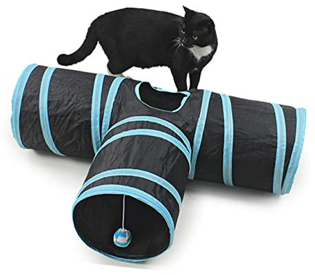 Katzenspielzeug,Faltbarer Katzen Tunnel, Bunny Tunnel, 2-Wege Katzen Tunnel, Haustier Spielzeug,Kleintiere Tunnel, Katze Tunnel Geeignet für Innen und Außenbereich (Blau-T)