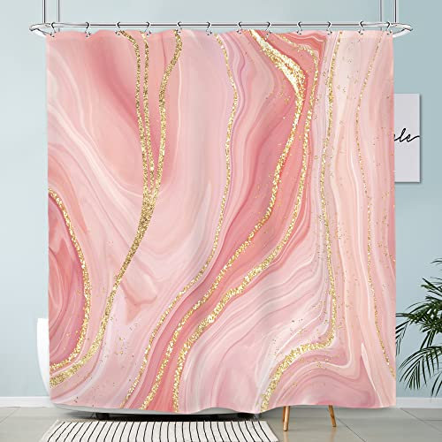 Imirell Pink Marble Shower Curtain 60Wx72H Inches Not Glitter Modern Abstract Blush Rose Gold Line Luxury Textured Geometric Modern for Girls Woman Fabric Waterproof Polyester with 12 Pack Hooks