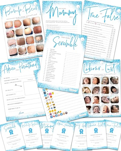 Baby Shower Games Boy - 7 Spiele in 1 Mega Bundle von Olivia Samuel 10 Spieler Pack Blue Glitter Effect Design