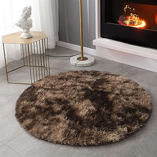 SK Studio Runden Hochflor Teppich Wohnzimmer rutschfest Fellteppich Shaggy Flauschig Weich Modern Teppiche für Schlafzimmer Wohnkultur Batikkaffee, 120x120cm
