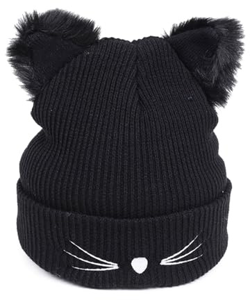 SKHAOVS Cat Ears Beanie - Warm Slouch Knit Winter Hat, Cute Autumn and Winter Warm Cat Ears Knitted Hat for Girls Ladies (Black)