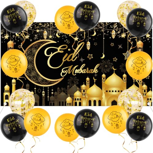 AhfuLife Decoration Aïd Mubarak, Eid Mubarak Decoration Toile 81×44 Pouces Eid Mubarak Bannière Ballon Aid Moubarak Noir Dor Ramadan Etoilés Lune Photomaton pour Fête de Al-Fitr Deco Aid Mubarak