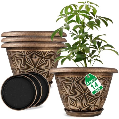 35,6 cm großer Pflanztopf für Pflanzen drinnen und draußen, 4 Stück Kunststoff-Blumentöpfe mit Ablaufloch & Tablett, moderner dekorativer Gartentopf mit Untersetzer, Pflanzenbehälter für Haus