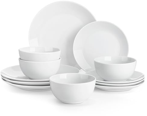 Malacasa 12-Piece Porcelain Dinnerware Set, Amelia Series | For 4 to 12 Persons | Dishwasher Safe Modern White Dinner Set with Dinner Plates, Dessert Plates and Bowl Sets