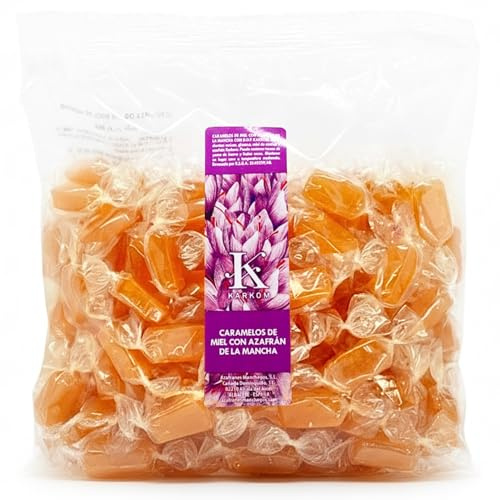 Caramelos de Miel con Azafrán de La Mancha D.O.P. 500 g | Artesanales con Miel de Azahar, Sabor Dulce y Especiado, Hecho en España, Caramelo Calmante para la Garganta y Bienestar Diario
